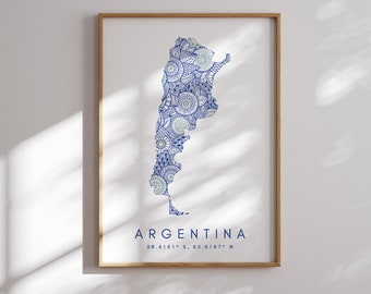 Argentina Map Print Minimal Style Blue Wall Art, Argentina Art Print Decor For Home or Gift, Argentina Color Map Poster, Urban Map Art Print