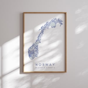Norvège Carte Imprimer Minimal Style Blue Wall Art, Norvège Art Print Décor pour la maison ou un cadeau, Norvège impression de carte de paysage vertical