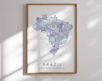 Brazil Map Print Minimal Style Blue Wall Art, Brazil Art Print Decor For Home or Gift, Brazil Color Map Poster, Urban Style Map Print