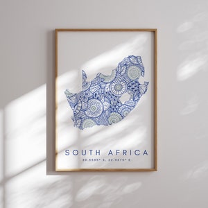 Südafrika Karte Print Minimal Style Blaue Wandkunst, Südafrika Art Print Decor For Home or Gift, South Africa Travel Color Map Print