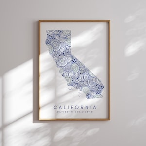 Californie US State Blue Minimal Style Map Print, California USA State Map Art Print Decor For Home or Gift, California State carte verticale