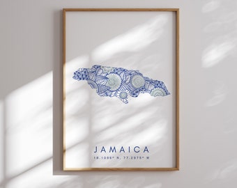 Jamaica Map Print Minimal Style Blue Wall Art, Jamaica Art Print Decor For Home or Gift, Jamaica digital designer map