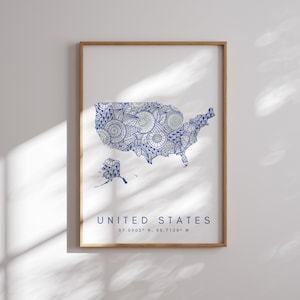 USA Karte Druck Minimal Style Blaue Wandkunst, USA Art Print Decor For Home or Gift, US, USA, Color Map Print