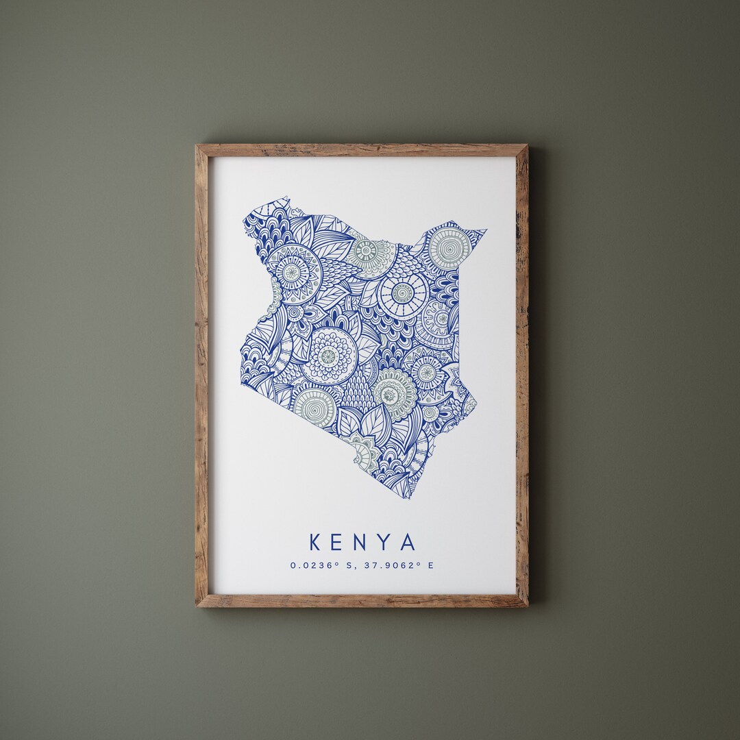 Kenya Map Print Minimal Style Blue Wall Art Kenya Art Print Etsy
