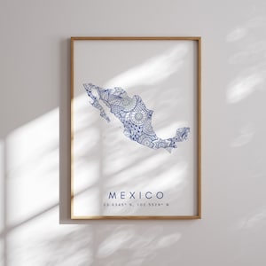 Impresión de mapa de México Estilo minimalista Arte de pared azul, Decoración de impresión de arte de México para el hogar o regalo, Impresión de estilo paisaje vertical de México