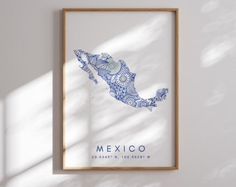 Mexico Map Print Minimal Style Blue Wall Art, Mexico Art Print Decor For Home or Gift, Mexico vertical Landscape style print