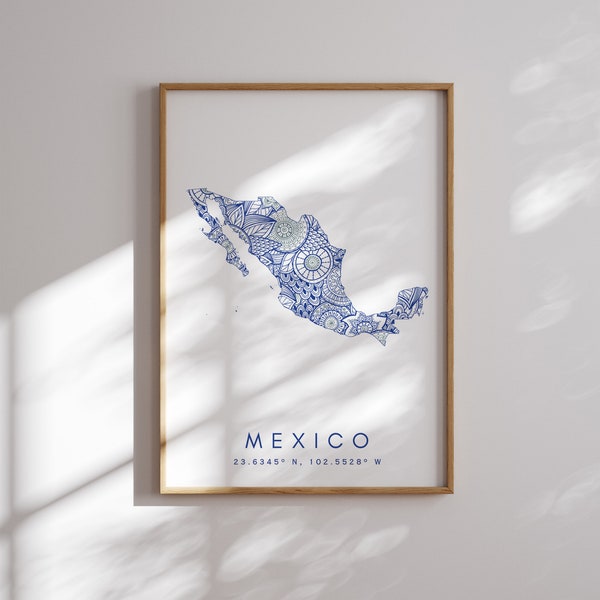 Mexico Map Print Minimal Style Blue Wall Art, Mexico Art Print Decor For Home or Gift, Mexico vertical Landscape style print