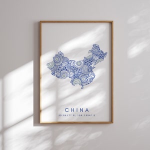 Impresión de mapa de China Arte de pared azul de estilo minimalista, decoración de impresión de arte de China para el hogar o regalo, cartel de mapa de color de China, impresión de mapa de estilo urbano