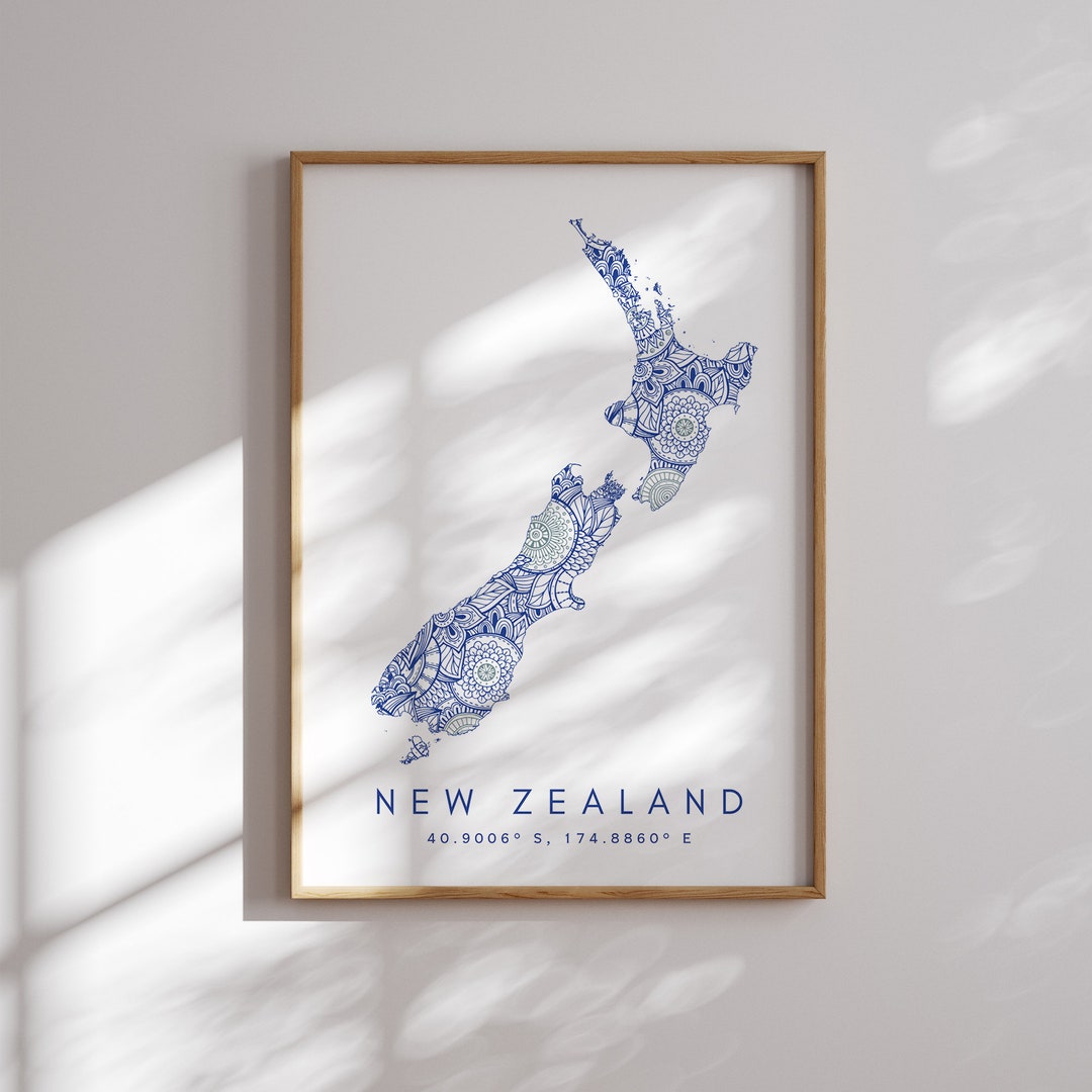 New Zealand Map Print Minimal Style Blue Wall Art, New Zealand Art