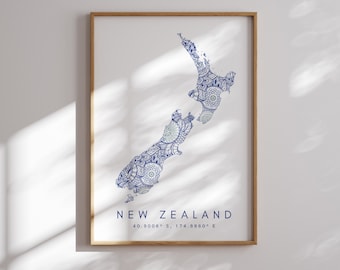 New Zealand Map Print Minimal Style Blue Wall Art, New Zealand Art Print Decor For Home or Gift, New Zealand vertical Landscape map print