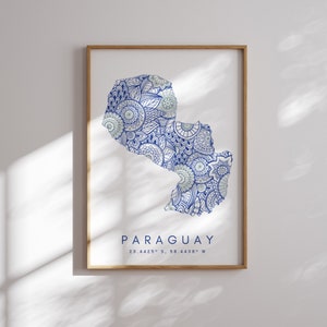 Impressão de mapa do Paraguai estilo mínimo arte de parede azul, impressão de arte do Paraguai decoração para casa ou presente, impressão de mapa de paisagem vertical do Paraguai