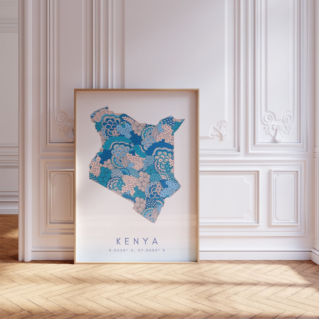 Kenya Map Print Minimal Style Pastel Blue Wall Art, Kenya Art Print
