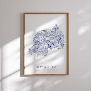 Impresión de mapa de Ruanda Arte de pared azul de estilo minimalista, decoración de impresión de arte de Ruanda para el hogar o regalo, impresión de estilo paisaje vertical de Ruanda, cartel de Ruanda