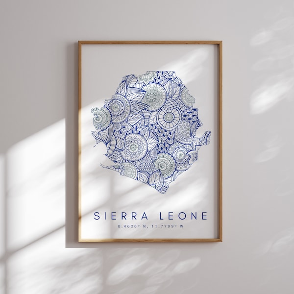 Sierra Leone Map Print Minimal Style Blue Wall Art, Sierra Leone Art Print Decor For Home or Gift, Sierra Leone Landscape print