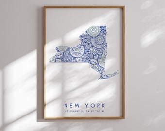 New York US State Blue Minimal Style Map Print, New York USA State Map Art Print Decor For Home or Gift, New York State vertical Map