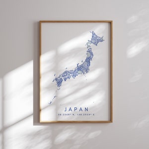 Japón mapa imprimir estilo minimalista azul pared arte, Japón arte impresión decoración para el hogar o regalo, mapa de diseñador digital de Japón