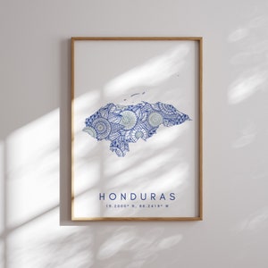 Mapa de Honduras Imprimir arte de pared azul de estilo minimalista, decoración de impresión de arte de Honduras para el hogar o regalo, cartel de mapa de estilo vertical de color de Honduras