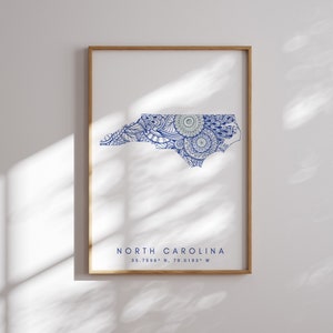 North Carolina US State Blue Minimal Style Map Print, North Carolina USA State Map Print Decor For Home or Gift, North Carolina State Map