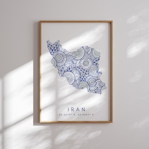 Iran Karte Drucken Minimal Style Blaue Wandkunst, Iran Kunstdruck Dekor für Zuhause oder Geschenk, Iran Farbe vertikaler Stil Karte Poster