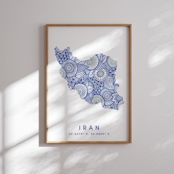 Iran Map Print Minimal Style Blue Wall Art, Iran Art Print Decor For Home or Gift, Iran Color Vertical Style Map Poster