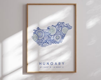 Hungary Map Print Minimal Style Blue Wall Art, Hungary Art Print Decor For Home or Gift, Hungary Color Vertical Style Map Poster