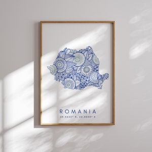 Rumania mapa imprimir estilo minimalista arte de la pared azul, Rumania arte impresión decoración para el hogar o regalo, impresión de mapa de paisaje vertical de Rumania, arte de Rumania