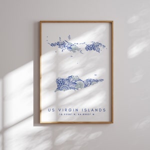 Impressão de mapa das Ilhas Virgens dos EUA, arte de parede azul de estilo mínimo, decoração de impressão artística das Ilhas Virgens dos EUA para casa ou presente, impressão de mapa colorido virgem dos EUA,