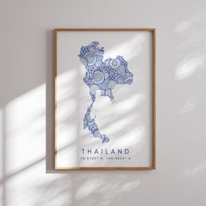 Impression de carte de la Thaïlande, art mural bleu style minimaliste, impression d'art thaïlande pour la maison ou un cadeau, impression carte couleur voyage vertical Thaïlande