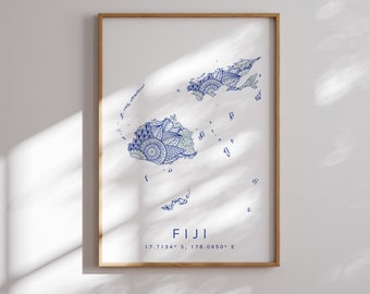 Fiji Map Print Minimal Style Blue Wall Art, Fiji Art Print Decor For Home or Gift, Fiji  vertical style print, Color Map Poster