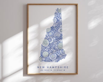 New Hampshire US State Blue Minimal Style Map Print, New Hampshire USA State Map Art Print Decor For Home or Gift, New Hampshire State Map