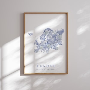 Europe Map Print Minimal Style Blue Wall Art, Europe Art Print Decor For Home or Gift, Europe continent Color Vertical Style Map Poster