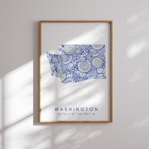 Washington US Bundesstaat Blau Minimal Style Map Druck, Washington USA Bundesstaat Karte Kunstdruck Dekor Für Zuhause oder Geschenk, Washington USA vertikale Karte