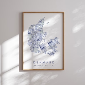 Dänemark Karte Print Minimal Style Blaue Wandkunst, Dänemark Art Print Decor For Home or Gift, Denmark Color Map Poster, Urban Style Map