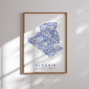 Algerien Karte Druck Minimal Style Blaue Wandkunst, Algerien Kunstdruck Dekor für Haus oder Geschenk, Algerien Farbe Karte Poster, Stadtkarte Kunstdruck