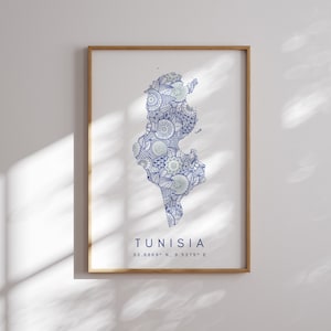 Tunesien Karte Drucken Minimal Art Blaue Wand-Kunst, Tunesien Kunstdruck-Dekor für Haus oder Geschenk, Tunesien vertikale Farbreise Kartendruck