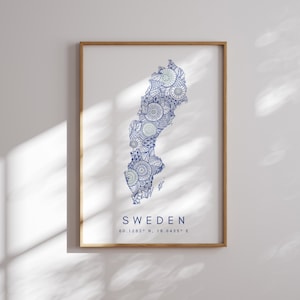 Suecia mapa imprimir estilo minimalista arte de la pared azul, Suecia arte impresión decoración para el hogar o regalo, Suecia oro rosa vertical viaje color mapa impresión