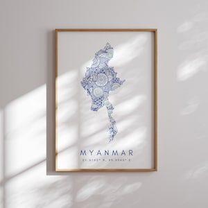 Myanmar (Burma) Map Print Minimal Style Blue Wall Art, Myanmar Art Print Decor For Home or Gift, Myanmar vertical Landscape style print
