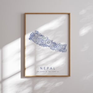 Impresión de mapa de Nepal Arte de pared azul de estilo minimalista, decoración de impresión de arte de Nepal para el hogar o regalo, impresión de estilo paisaje vertical de Nepal