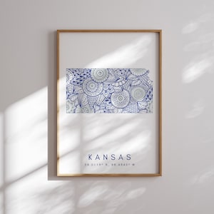 Kansas US State Blue Minimal Style Map Print, Kansas USA State Map Art Print Decor For Home or Gift, Kansas State vertical Map
