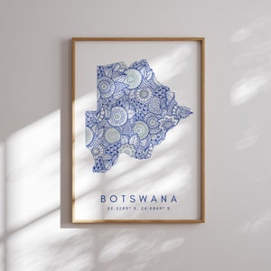 Botswana Karte Print Minimal Style Blaue Wandkunst, Botswana Art Print Dekor für Zuhause oder Geschenk, Botswana Farbe Karte Poster, Urban Map Print