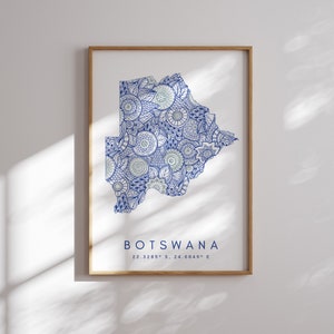 Botswana Map Print Minimal Style Blue Wall Art, Botswana Art Print Decor For Home or Gift, Botswana Color Map Poster, Urban Map Print