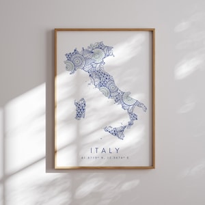Italië kaart print minimalistische stijl blauwe muur kunst, Italië Art Print decor voor thuis of cadeau