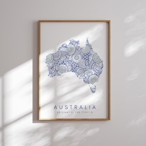 Impresión de mapa de Australia Arte de pared azul de estilo minimalista, decoración de impresión de arte de Australia para el hogar o regalo, cartel de mapa de color de Australia, impresión de arte de mapa urbano