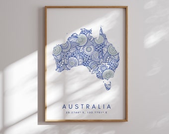 Stampa mappa Australia stile minimale arte da parete blu, stampa artistica Australia Decor per la casa o regalo, poster mappa colori Australia, stampa artistica mappa urbana