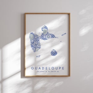Guadeloupe Karte Drucken Minimal Art Blaue Wand-Kunst, Guadeloupe Kunstdruck-Dekor für Haus oder Geschenk, Guadeloupe Druck, Guadeloupe Farbkarte Plakat