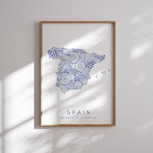 Stampa mappa della Spagna Arte da parete blu in stile minimal, stampa artistica della Spagna per la casa o un regalo, stampa mappa a colori da viaggio verticale in oro rosa della Spagna