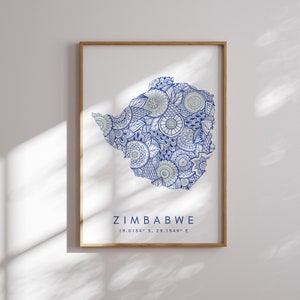 Simbabwe Karte Druck Minimal Style Blaue Wandkunst, Simbabwe Kunstdruck Dekor Für Zuhause oder Geschenk, Simbabwe Vertikale Farbkarte Druck, Urban Print