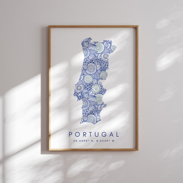 Impression de carte du Portugal, art mural bleu style minimaliste, impression d'art Portugal impression déco pour la maison ou un cadeau, impression de style paysage vertical Portugal