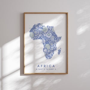 Africa Map Print Minimal Style Blue Wall Art, Africa Art Print Decor For Home or Gift, Africa continent Color Vertical Style Map Poster