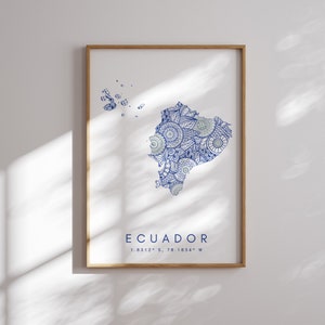 Ecuador Mapa Imprimir Estilo Minimalista Arte de pared azul, Ecuador Arte Impresión Decoración para el hogar o regalo, Impresión de estilo paisaje vertical de Ecuador